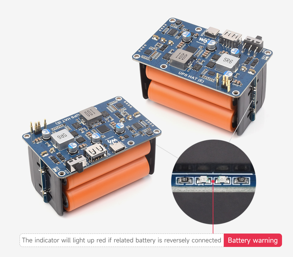 Waveshare UPS HAT (E) for Raspberry Pi, Supports 4×21700 Li batteries (NOT included), Bi-Directional Fast charging, Pogo Pins — reference image 2