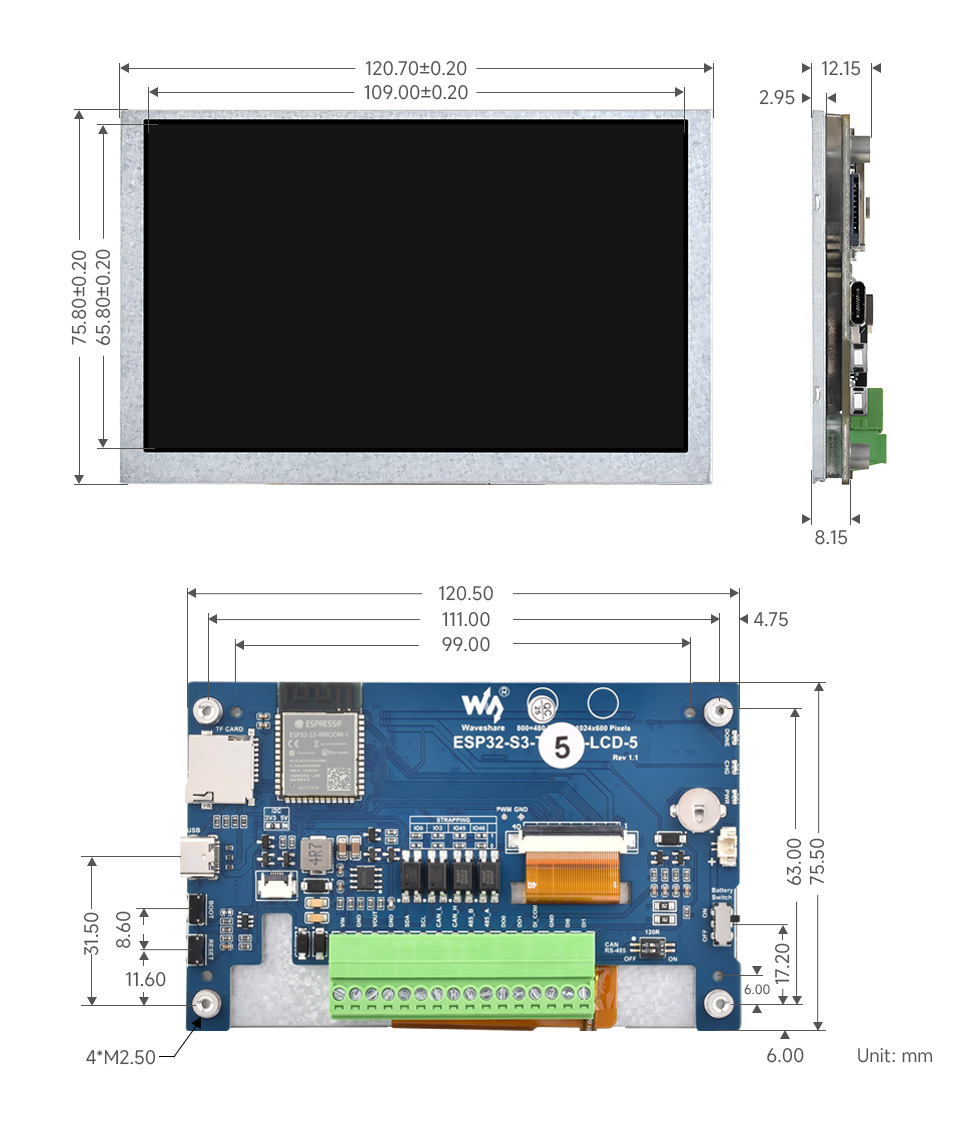 ESP32-S3 5inch Display Development Board, 32-Bit LX7 Dual-Core Processor, 800×480/1024×600 Display Resolution, Touch or No Touch — reference image 10