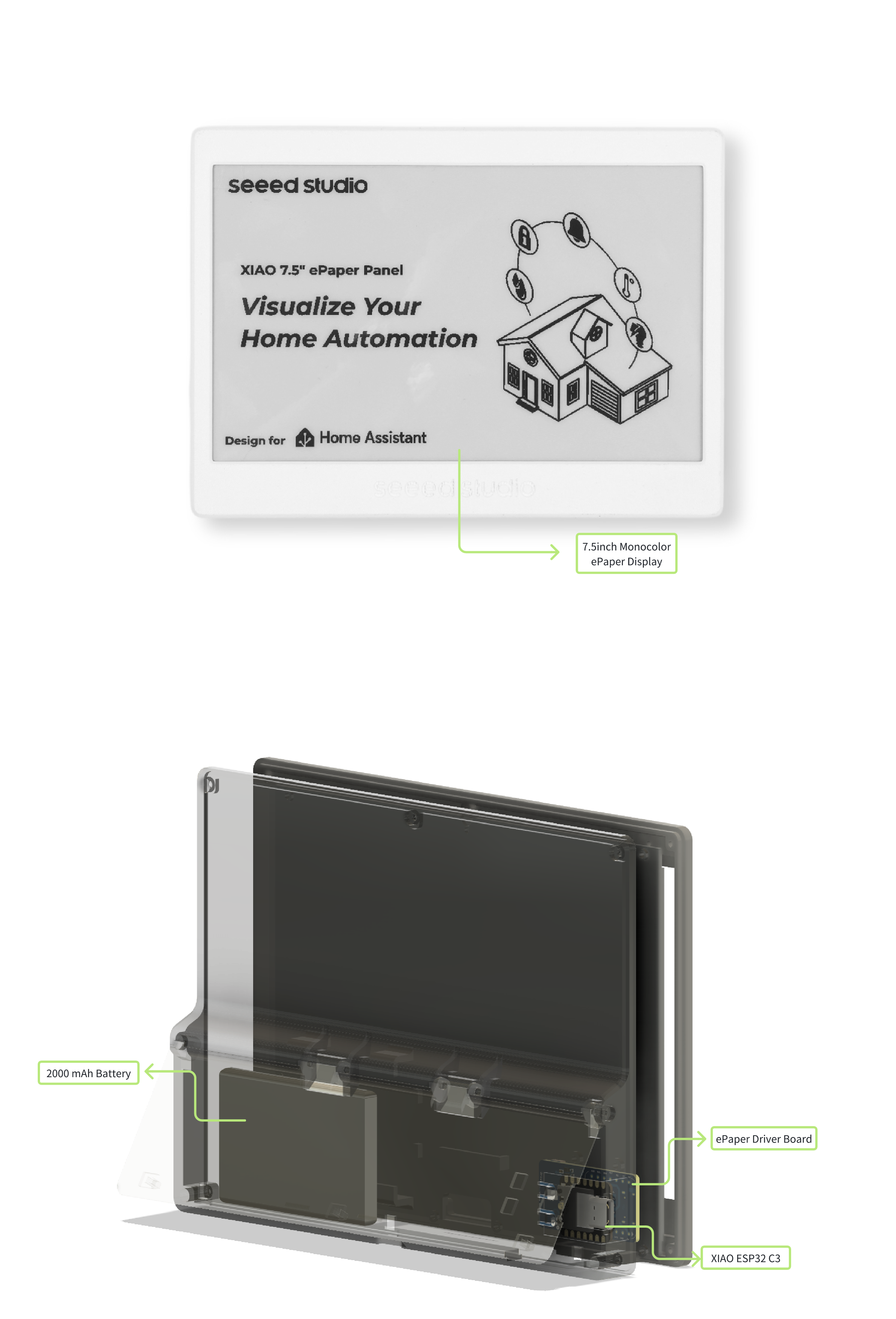 XIAO 7.5″ ePaper Panel,e-Ink Screen Display 800×480 esp32 Home Assistant, Compatible with TRMNL, 2000mAh Rechargeable Battery — reference image 1