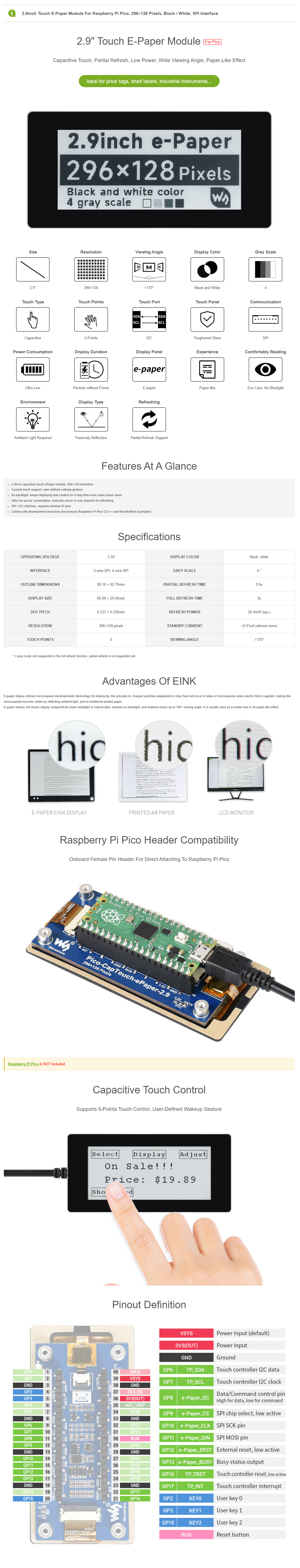 2.9inch Touch E-Paper Module, Capacitive Touch, Partial Refresh, Low Power, Wide Viewing Angle, Paper-like Effect — reference image 1