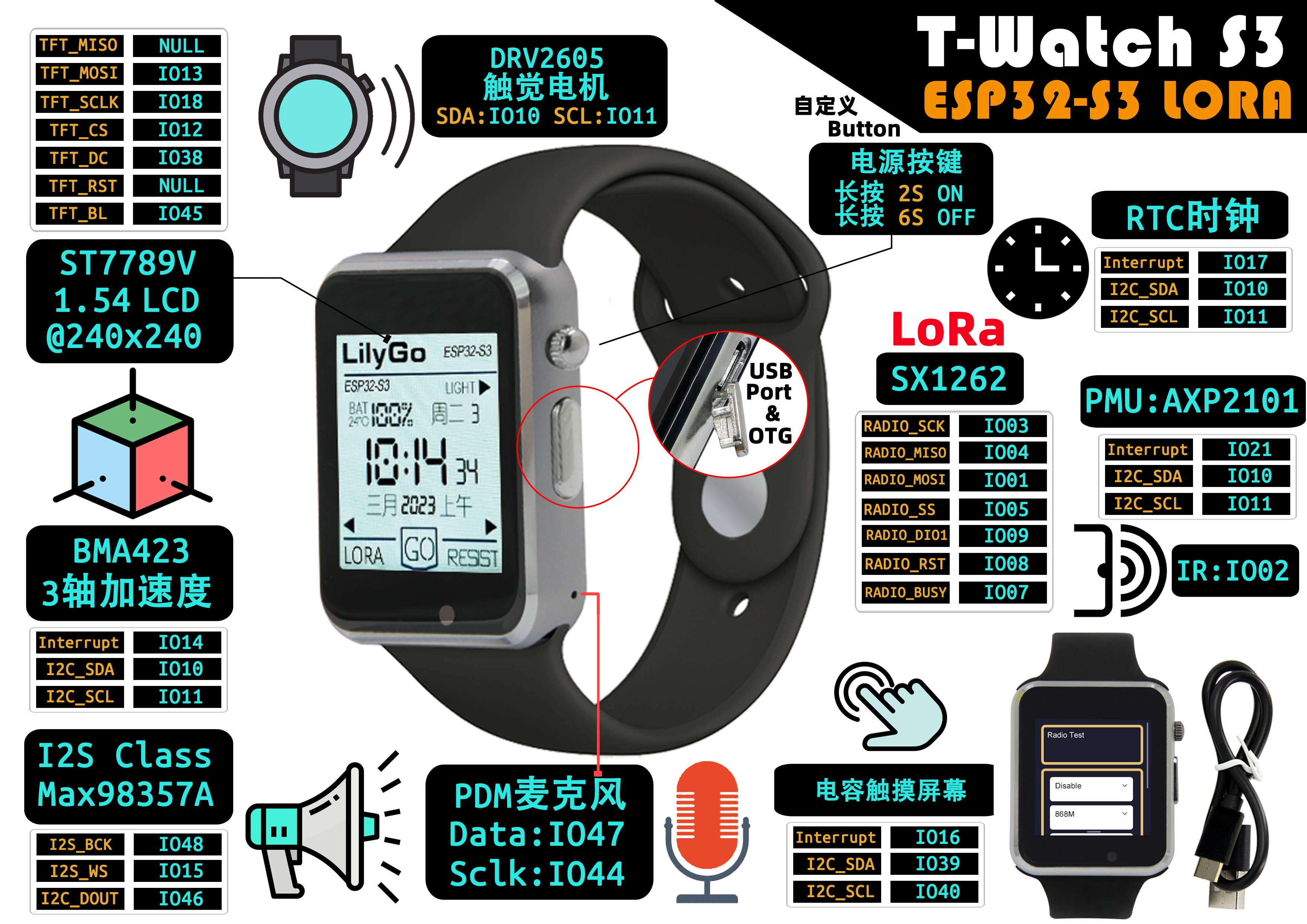 T-Watch-S3 ESP32-S3 Programmable LoRa WiFi Bluetooth PMU Touchable Watch — reference image 4