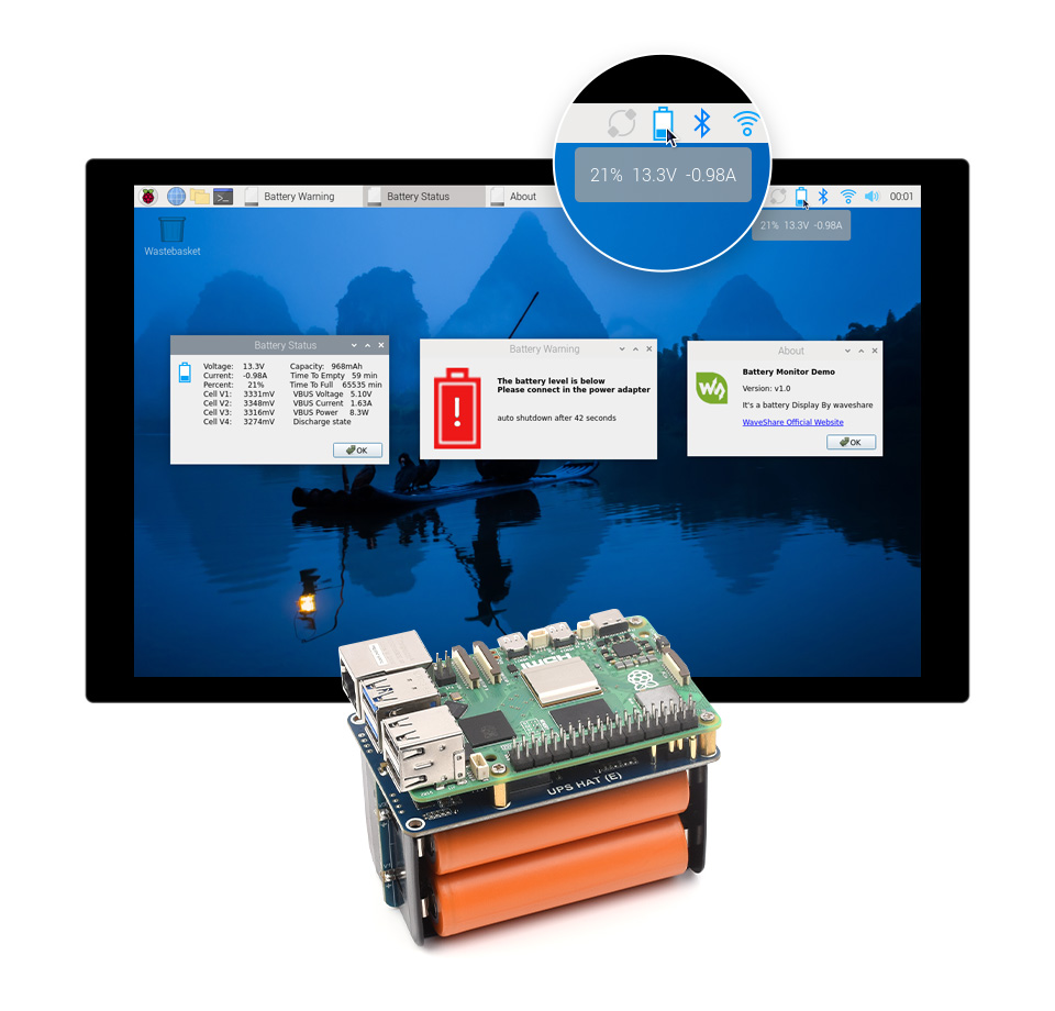 Waveshare UPS HAT (E) for Raspberry Pi, Supports 4×21700 Li batteries (NOT included), Bi-Directional Fast charging, Pogo Pins — reference image 8
