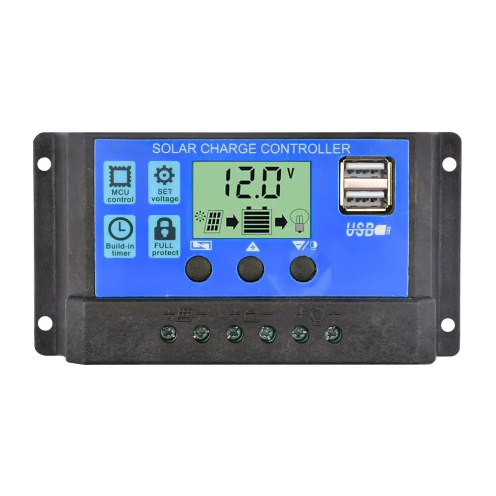 Solar Charge Controller 12V/24V PWM 10A 30A with Adjustable LCD Display Timer Setting — reference image 1