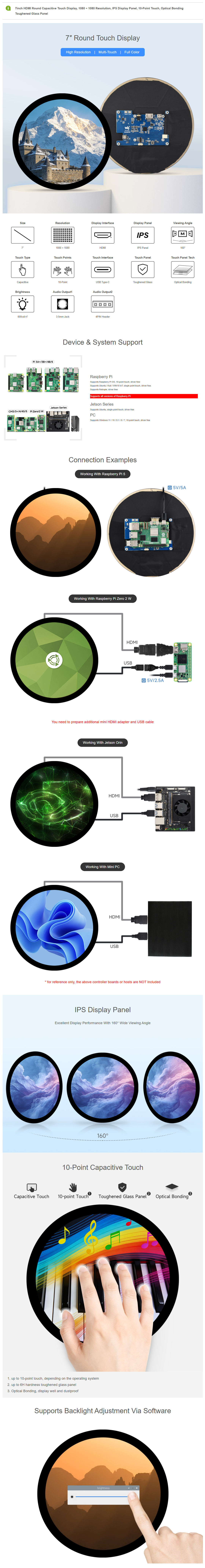7inch HDMI Round Capacitive Touch Display for Raspberry Pi/Jetson Nano/PC, 160° Viewing Angle 1080×1080 IPS Display 1 sold — reference image 1