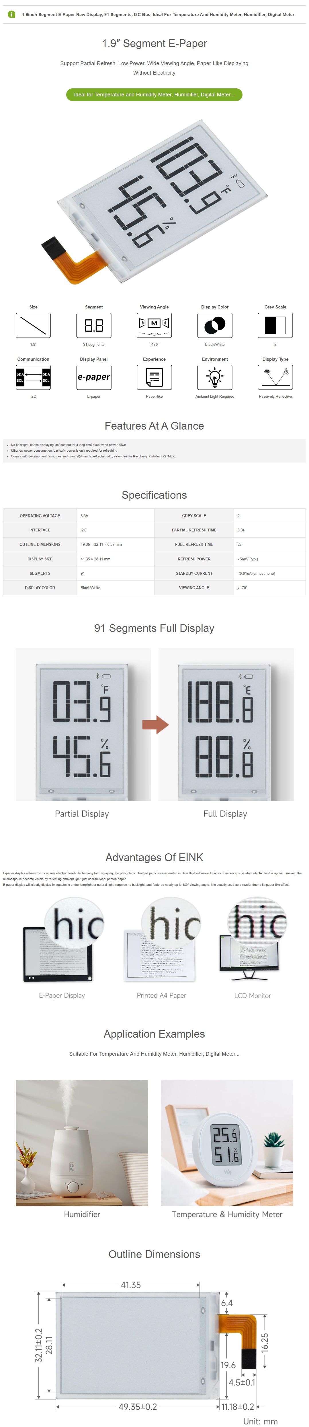 1.9inch Segment E-Paper Raw Display for Raspberry Pi/Arduino/STM32, 91 Segments, I2C Bus, Temperature and Humidity — reference image 1