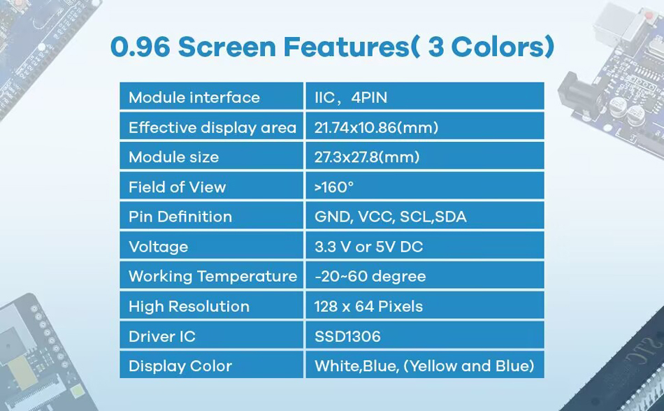 0.96-inch OLED Display Module – I2C/IIC 128×64 SSD1306 Compatible with Arduino, ESP32, ESP8266 | 3.3V/5V Blue/White/Yellow — reference image 8