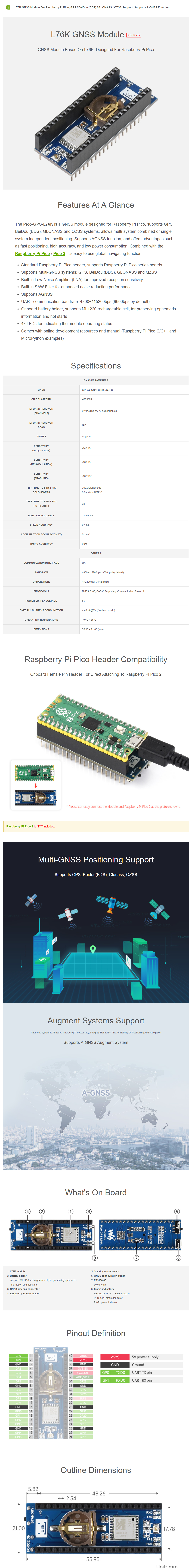 L76K GNSS Module for Raspberry Pi Pico, Standard Raspberry Pi Pico header, Supports Multi-GNSS systems and AGNSS — reference image 1