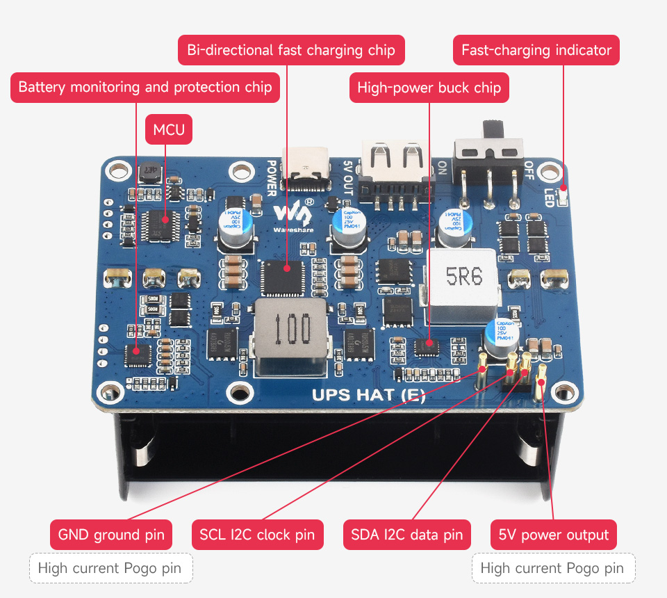 Waveshare UPS HAT (E) for Raspberry Pi, Supports 4×21700 Li batteries (NOT included), Bi-Directional Fast charging, Pogo Pins — reference image 4