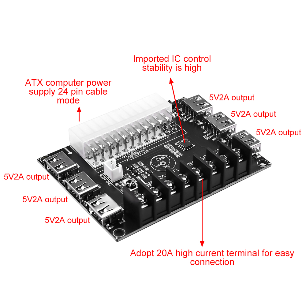 24 Pins ATX Power Supply Breakout Board and Acrylic Case Kit Module Adapter Power Connector Support 12V -12V 5V 5VSB 3.3V — reference image 8