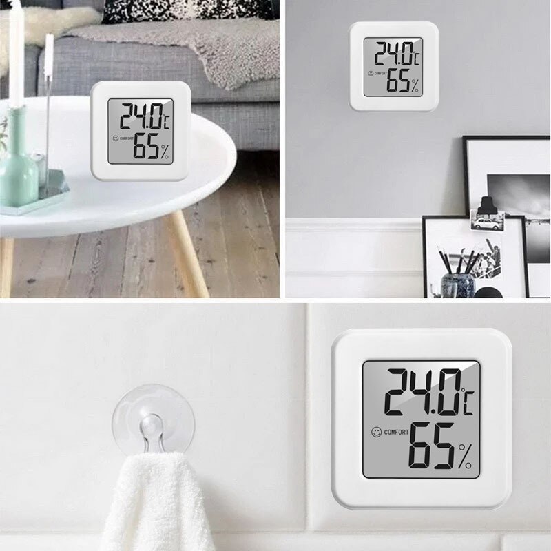 White Mini Electronic Temperature and Humidity Meter Car Thermometer with Smiling Face Display Refrigerator Thermometer — reference image 2