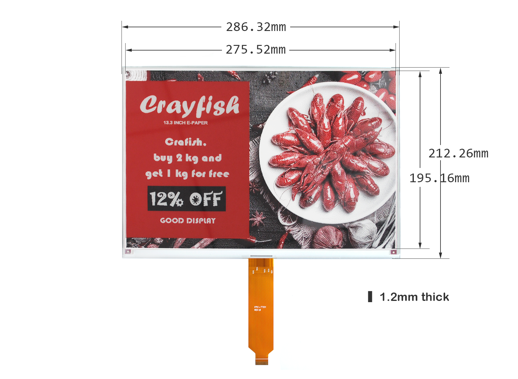 13.3″ Tri-Color E-Ink Display A4 Size 960×680 1s Partial Refresh E-paper Screen — reference image 1