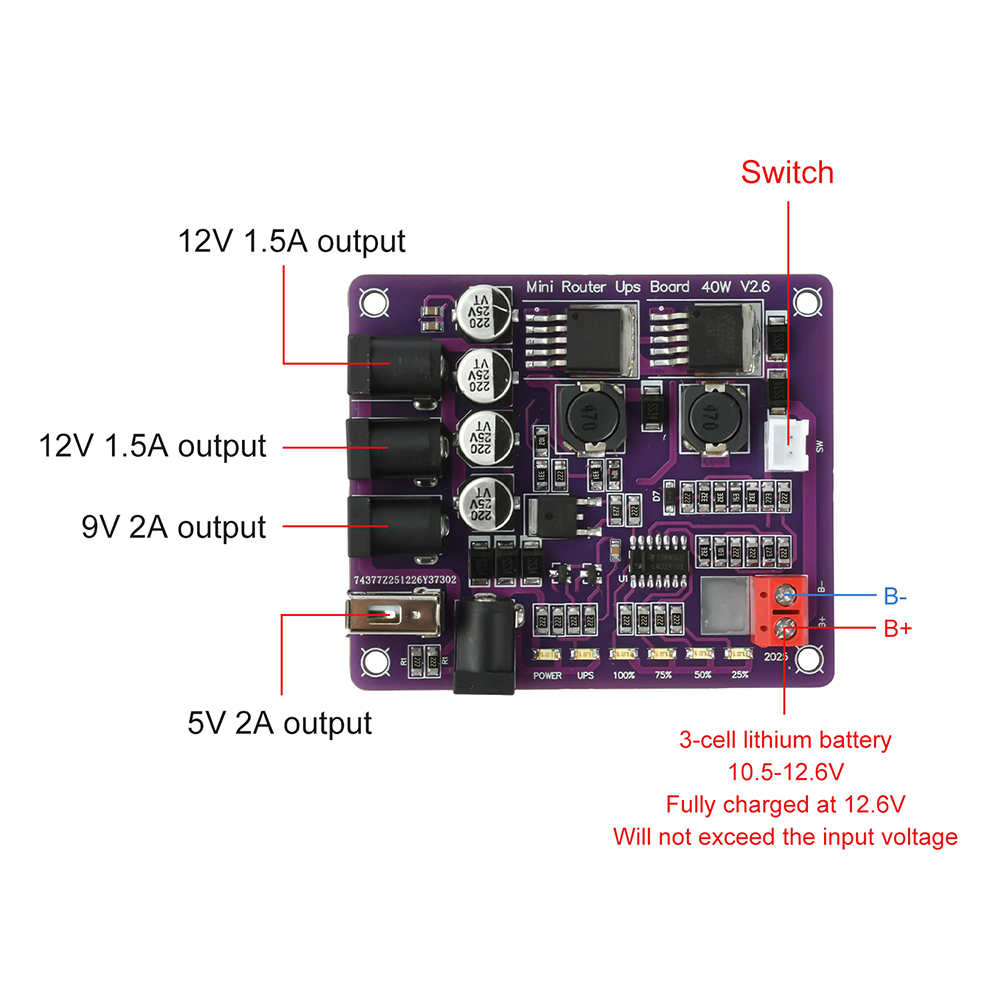 40W UPS Power Module with 4-Channel Output for Router Uninterruptible Power Supply Safe Continuous Operation Battery Indicator — reference image 12