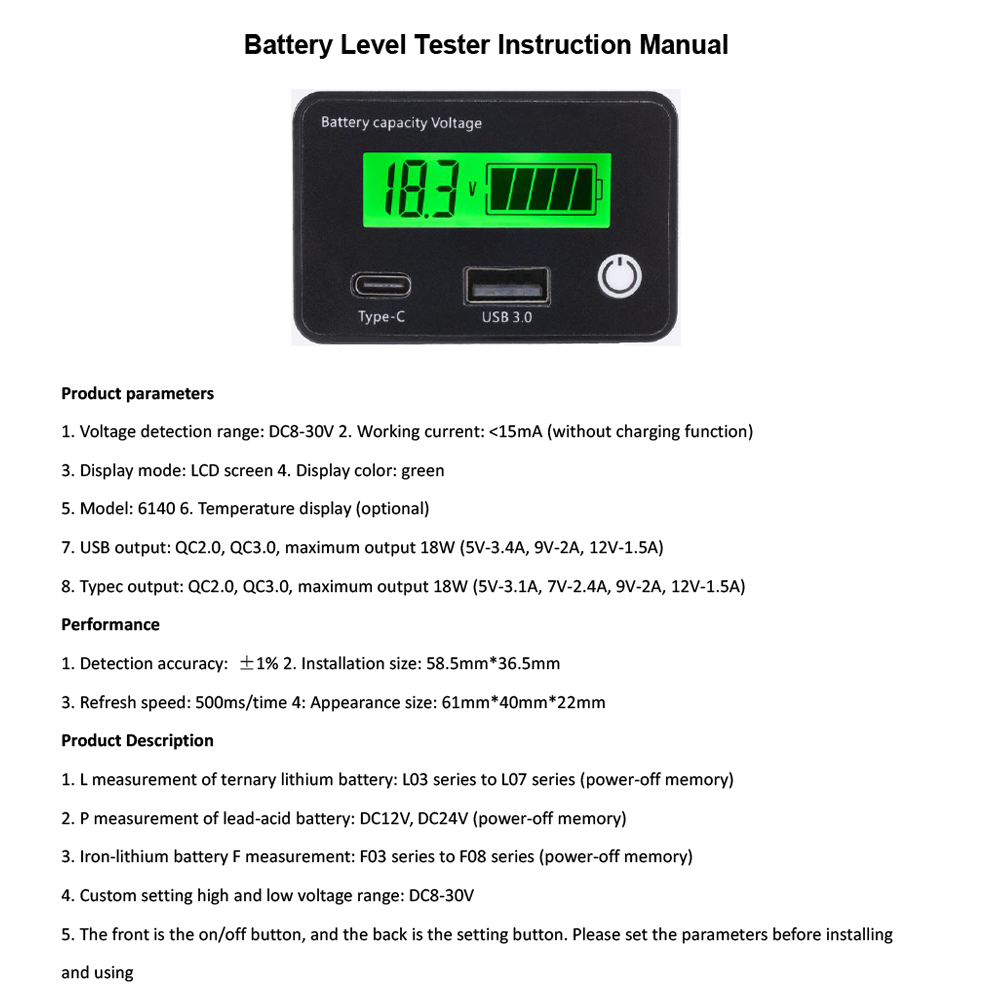 DC8-30V Battery Capacity Indicator Lead-Acid/Lron-Lithium/Ternary Lithium Measurement with USB3.0 and Tpye-C for Car Motorcycle — reference image 6