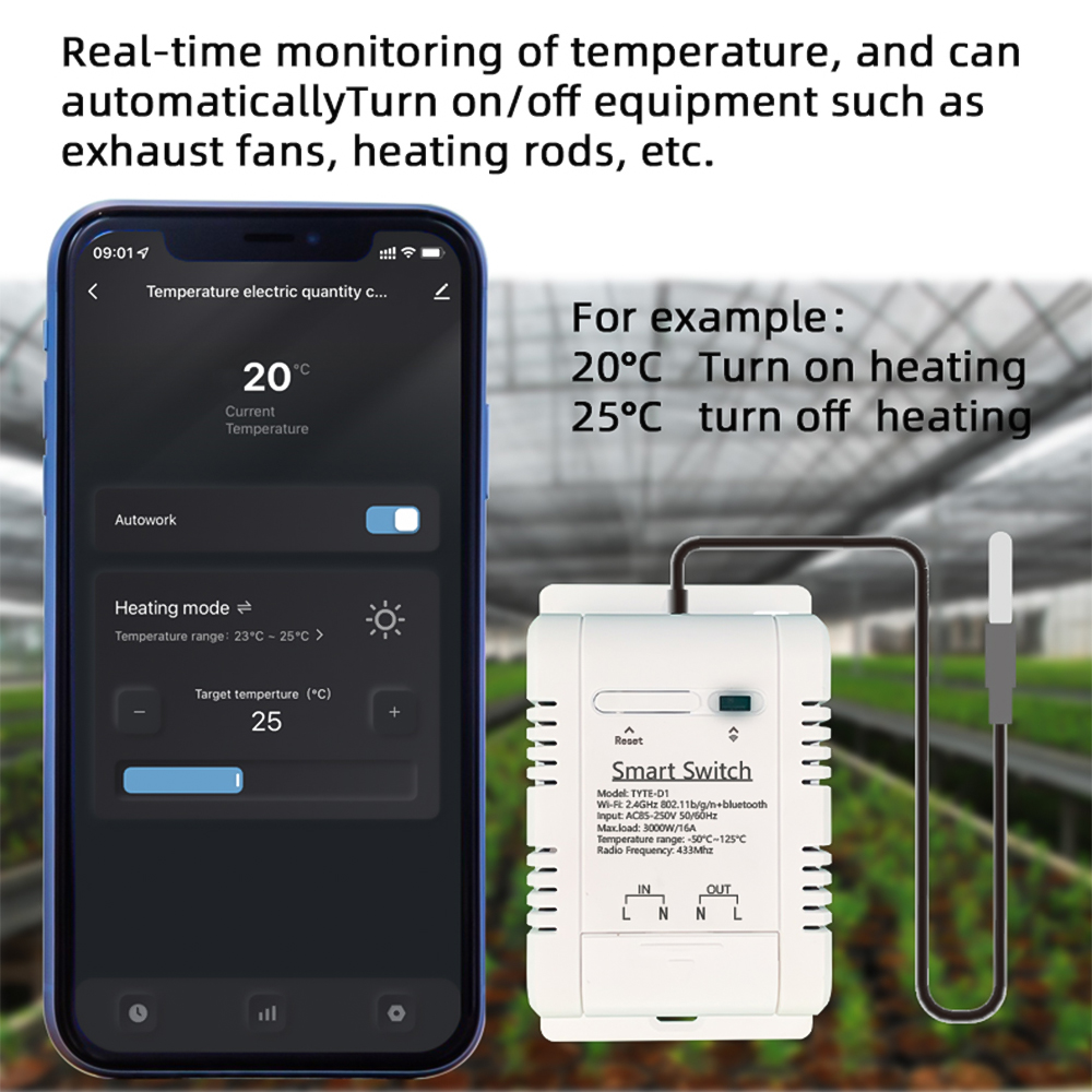 Tuya TH-16 Smart Wifi Switch 16A/3000W Monitoring Temperature Sensor RF433 remote Control Compatible with Alexa Google Home — reference image 3