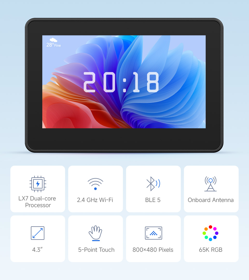 ESP32 S3 4.3 Inch LCD (B) 800×480 Captive Touch Screen Display LVGL Development Board WiFi BLE5 with Sensor CAN I2C RS485 — reference image 1
