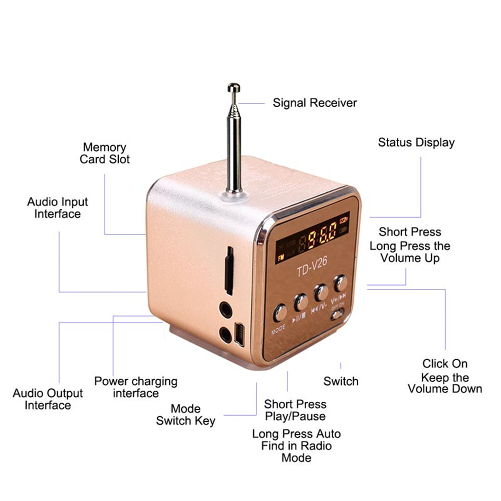 Portable TD-V26 Digital FM Radio Wireless Speaker Mini FM Radio Receiver LCD Display Stereo Loudspeaker Support SD/TF Card — reference image 9