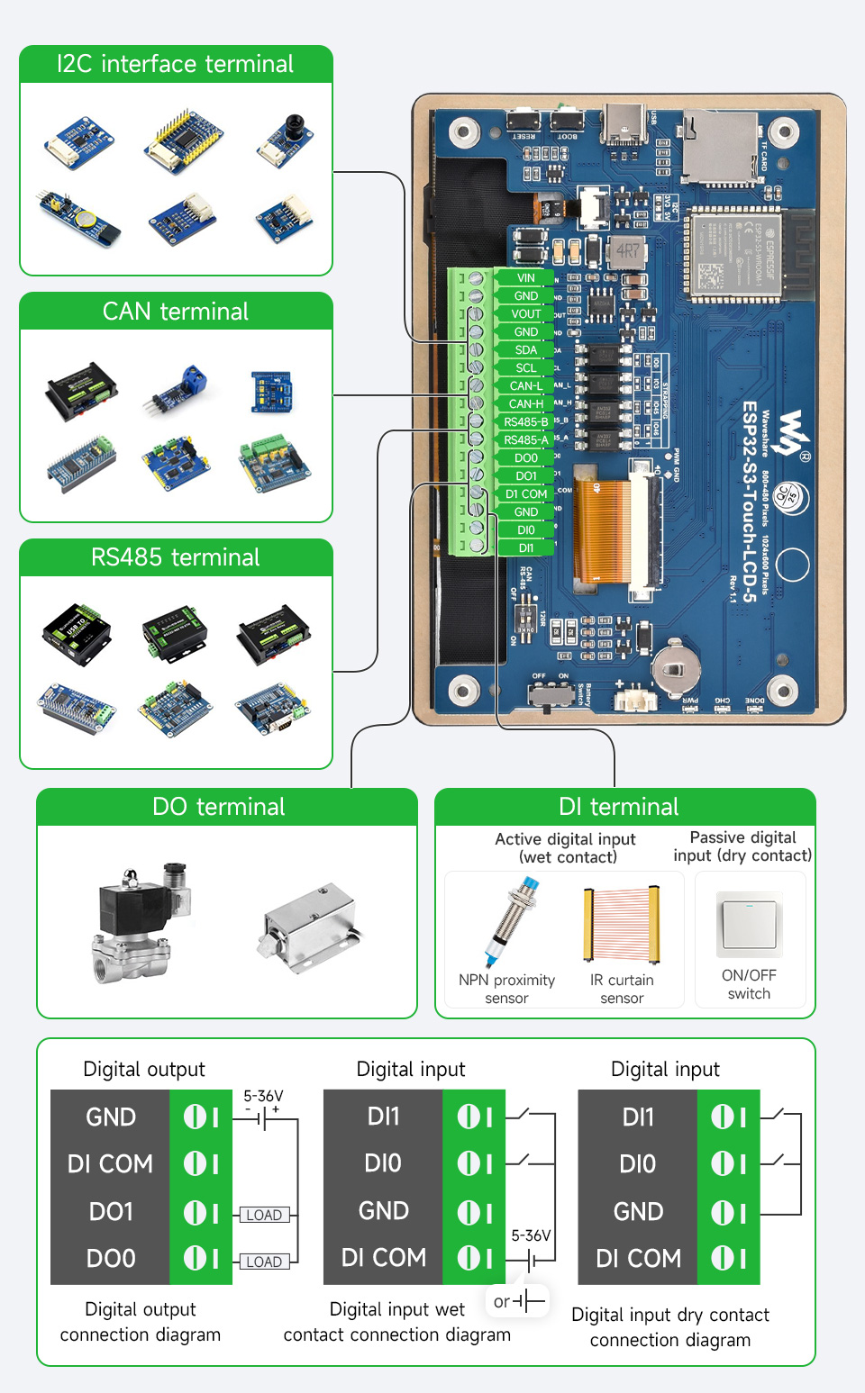 ESP32-S3 5inch Display Development Board, 32-Bit LX7 Dual-Core Processor, 800×480/1024×600 Display Resolution, Touch or No Touch — reference image 6