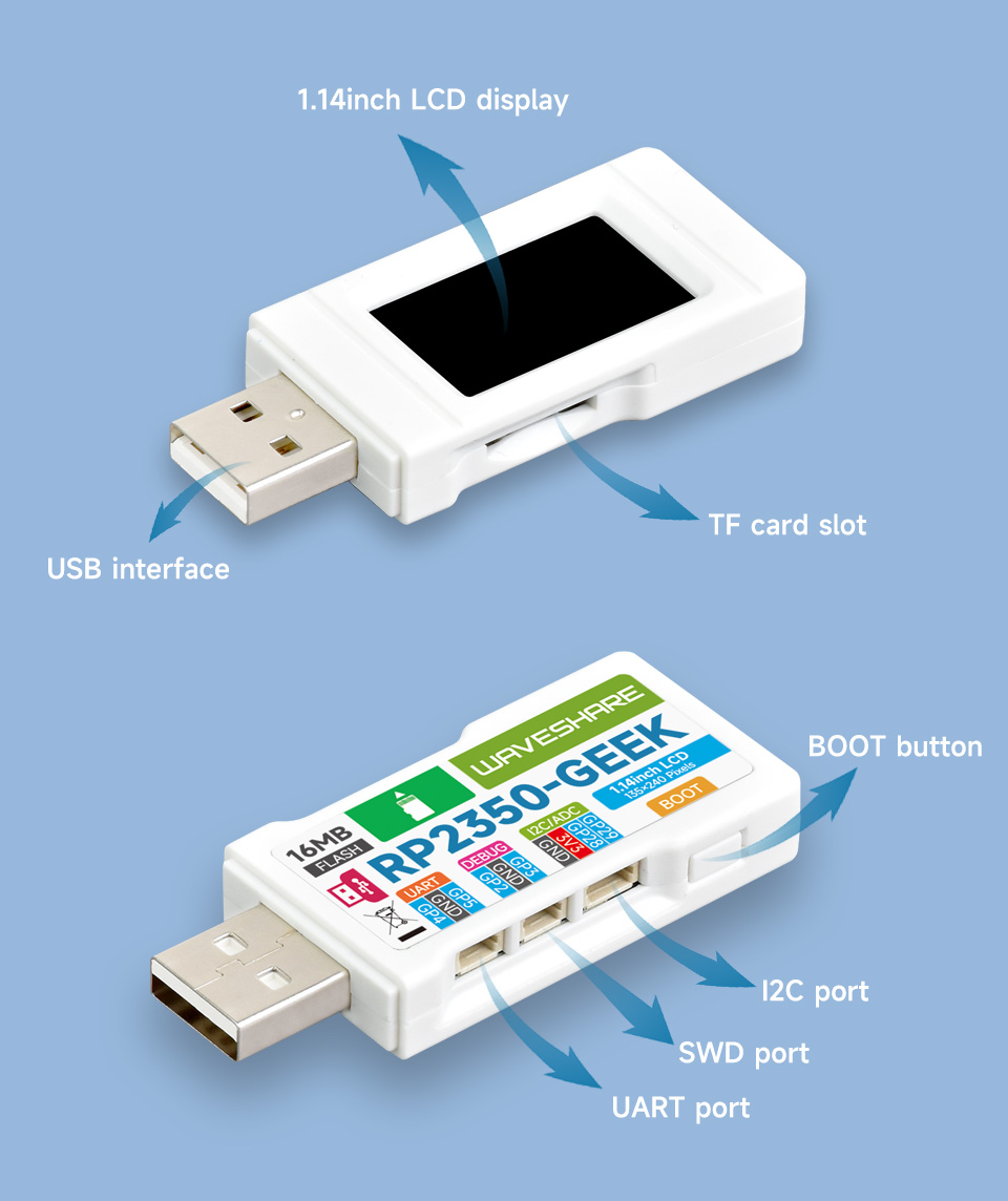 1.14inch 65K Color LCD RP2350-GEEK Development Board, USB Debugging Downloader, With White Plastic Case — reference image 1