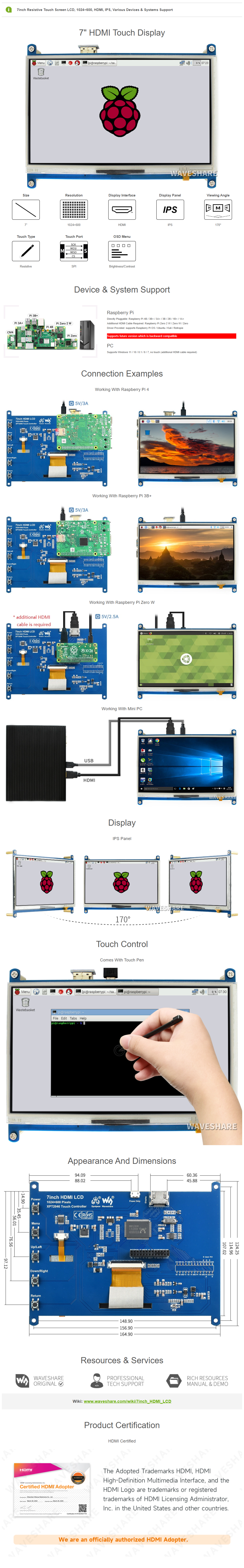 7inch Resistive Touch Screen LCD for for Raspberry Pi 4B/3B+/3A+/3B/2B/B+/A+, 1024×600, HDMI, SPI Touch — reference image 1