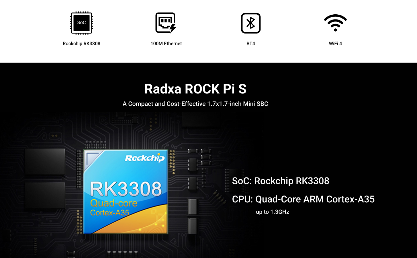 Radxa ROCK Pi S RK3308B 4-core CPU, 100Mbps Ethernet with PoE Support, WiFi 4 & BT 4.2 , Single Board Computer — reference image 1