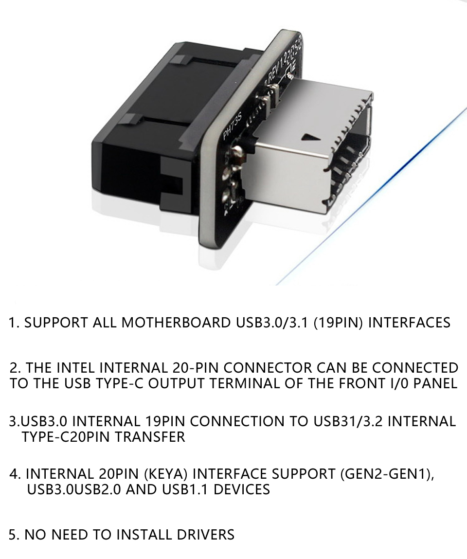 PH73S Motherboard USB3.019P/20P To Type-E 90 Degree Adapter Chassis Front Type-C Plug-In Port — reference image 3