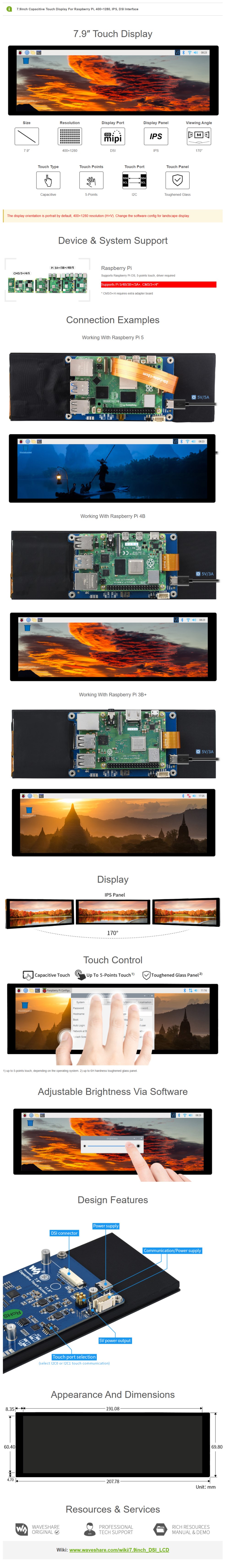 7.9inch Capacitive Touch Display 400×1280 IPS Display Panel for Raspberry Pi 5/4B/3B+/3A+, CM3/3+/4 — reference image 1