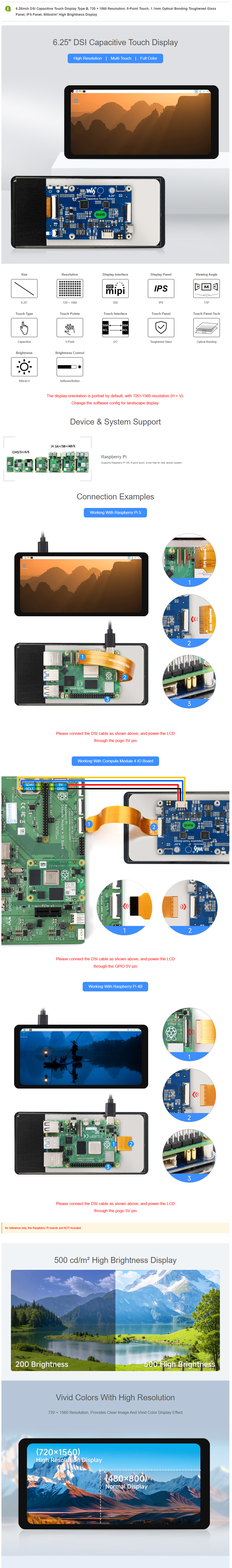 6.25inch DSI Capacitive Touch Display Type B,IPS Panel, 500cd/m² High Brightness Display for Raspberry Pi 5/4B/3B+/3A+ — reference image 1