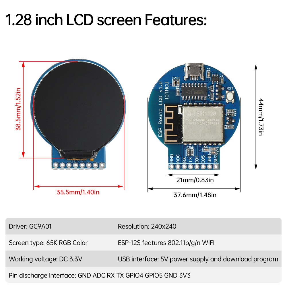 1.28-inch Circular LCD Display ESP8266 Development Board NodeMCU Expansion with GC9A01 Chip 240×240 Resolution for IoT Projects — reference image 2