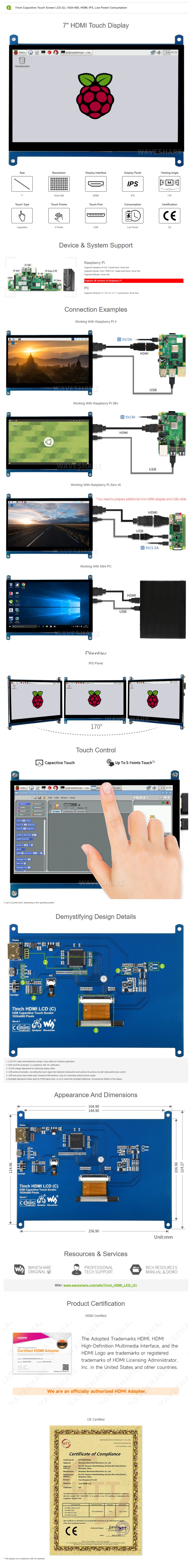 7inch Capacitive Touch Screen LCD (C), Low Power Consumption, 5-Points, Supports All Versions Of Raspberry Pi — reference image 1