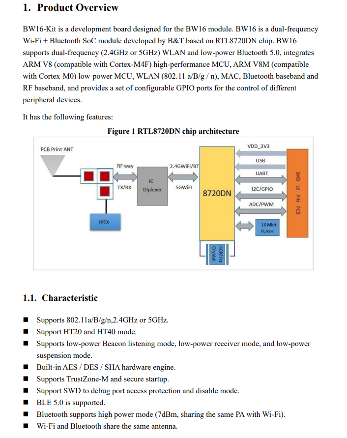 BW16-Kit development board RTL8720DN dual-band Wi-Fi low-power Bluetooth BLE module Type-C interface — reference image 2