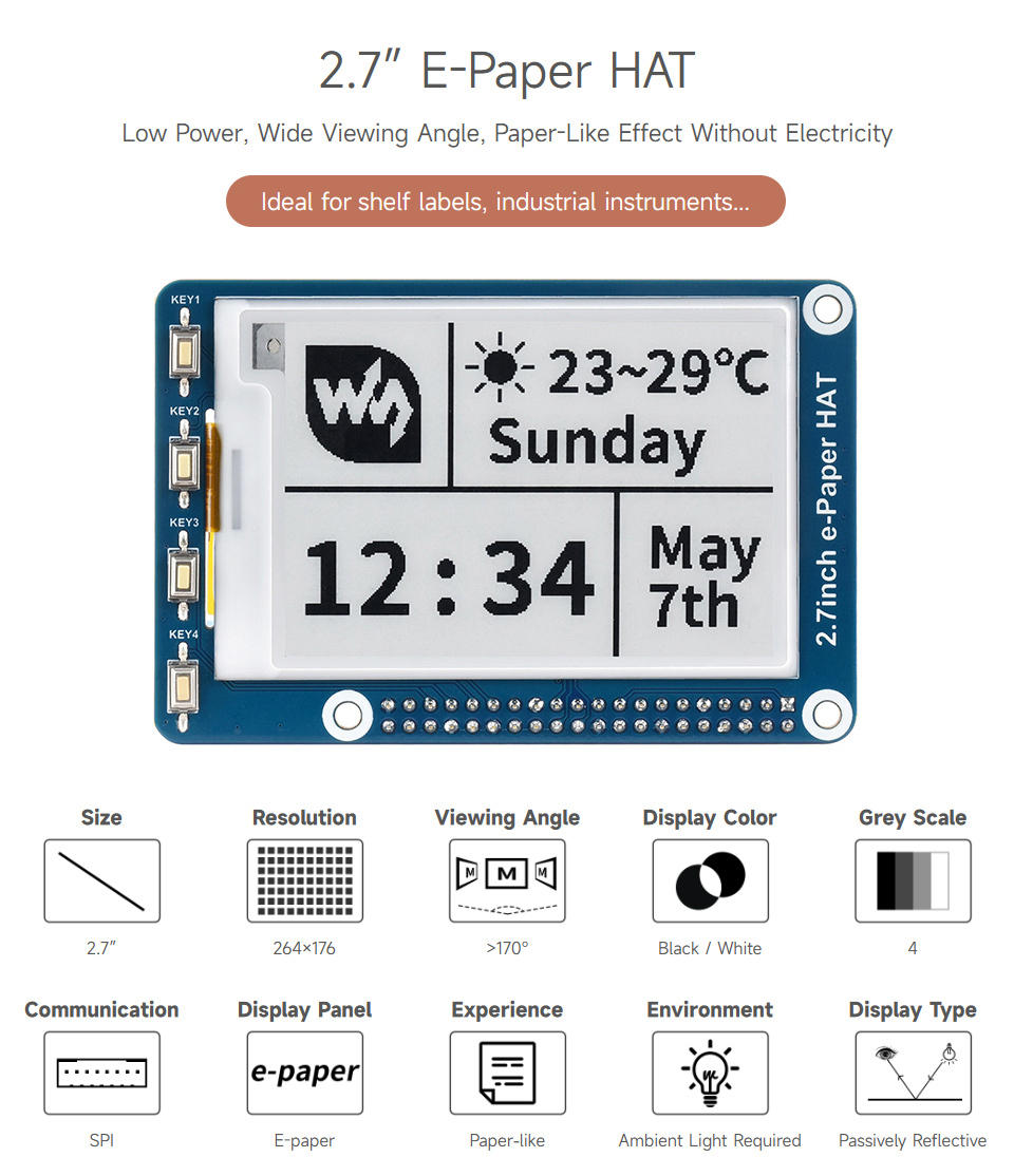 2.7inch E-Ink display HAT 264×176 for Raspberry Pi, SPI Interface — reference image 1