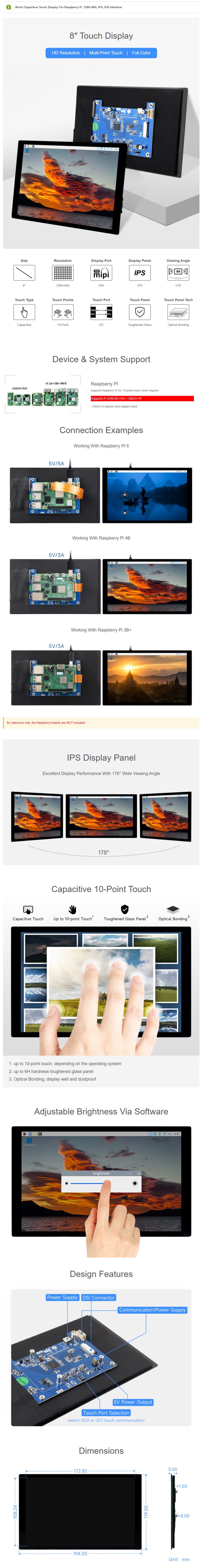 8inch DSI LCD (C) Capacitive Touch Display 10-Point, Toughened Glass, I2C Touch Port, For Raspberry Pi 5/4B/3B — reference image 1