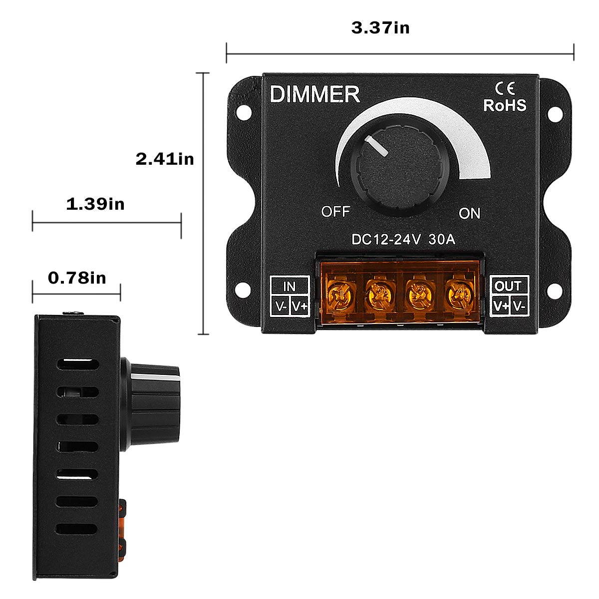 LED Light Strip Dimmer, DC 12V/24V 30A PWM Dimming Controller, Knob Adjust Brightness ON/Off Switch for Single Color LED Ligh — reference image 2
