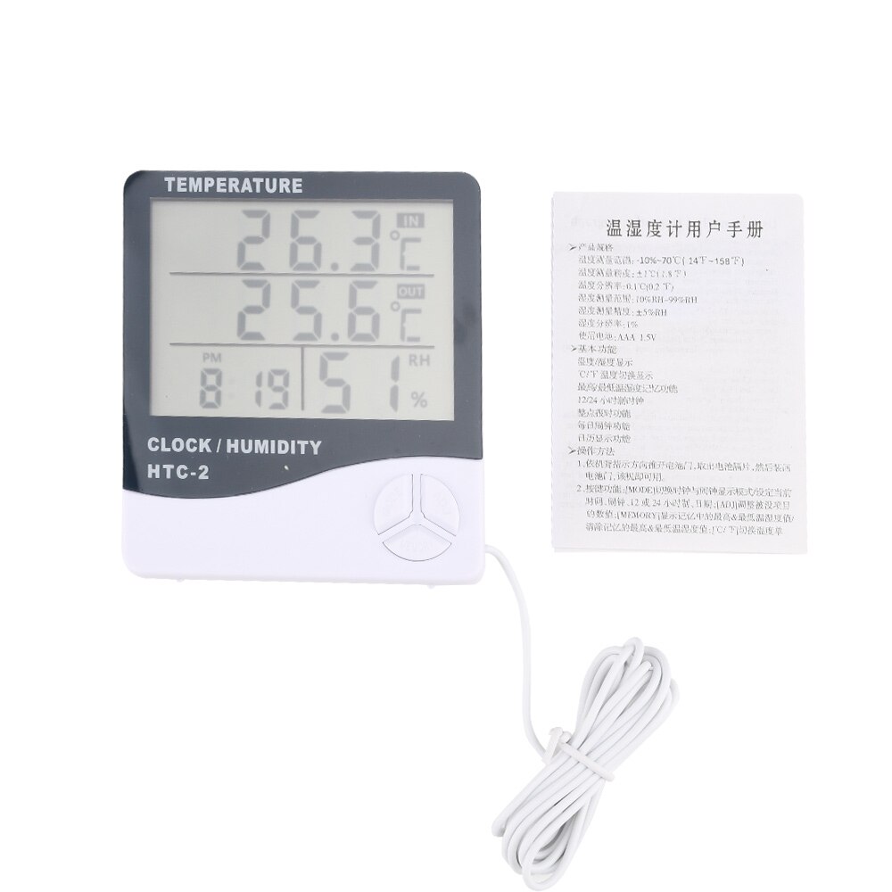 LCD Digital Temperature Humidity Meter HTC-2 Home Indoor Outdoor Hygrometer Thermometer Weather Station with Clock — reference image 3