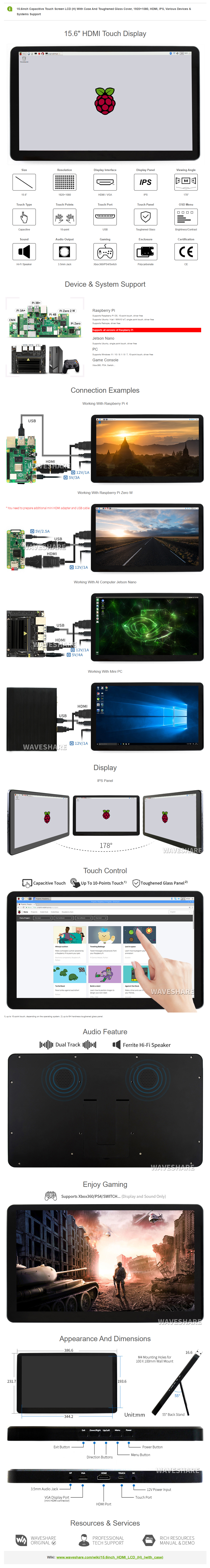 Pantalla táctil LCD IPS de 15,6 pulgadas con resolución 1920*1080 y cubierta de vidrio templado. Pantalla Full HD para Raspberry Pi BB, color negro. Monitor portátil. — imagen de referencia 1