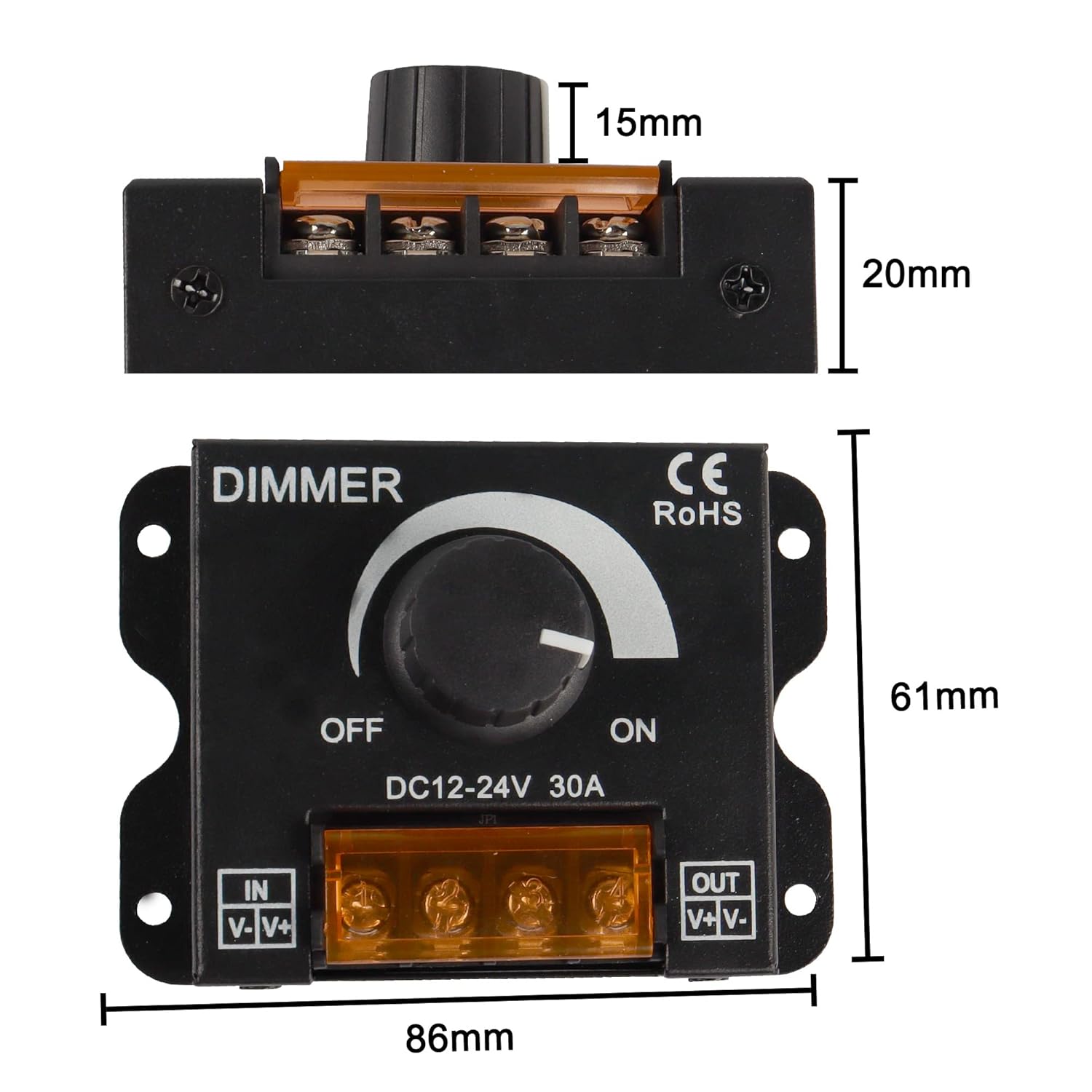 LED Light Strip Dimmer, DC 12V/24V 30A PWM Dimming Controller, Knob Adjust Brightness ON/Off Switch for Single Color LED Ligh — reference image 4