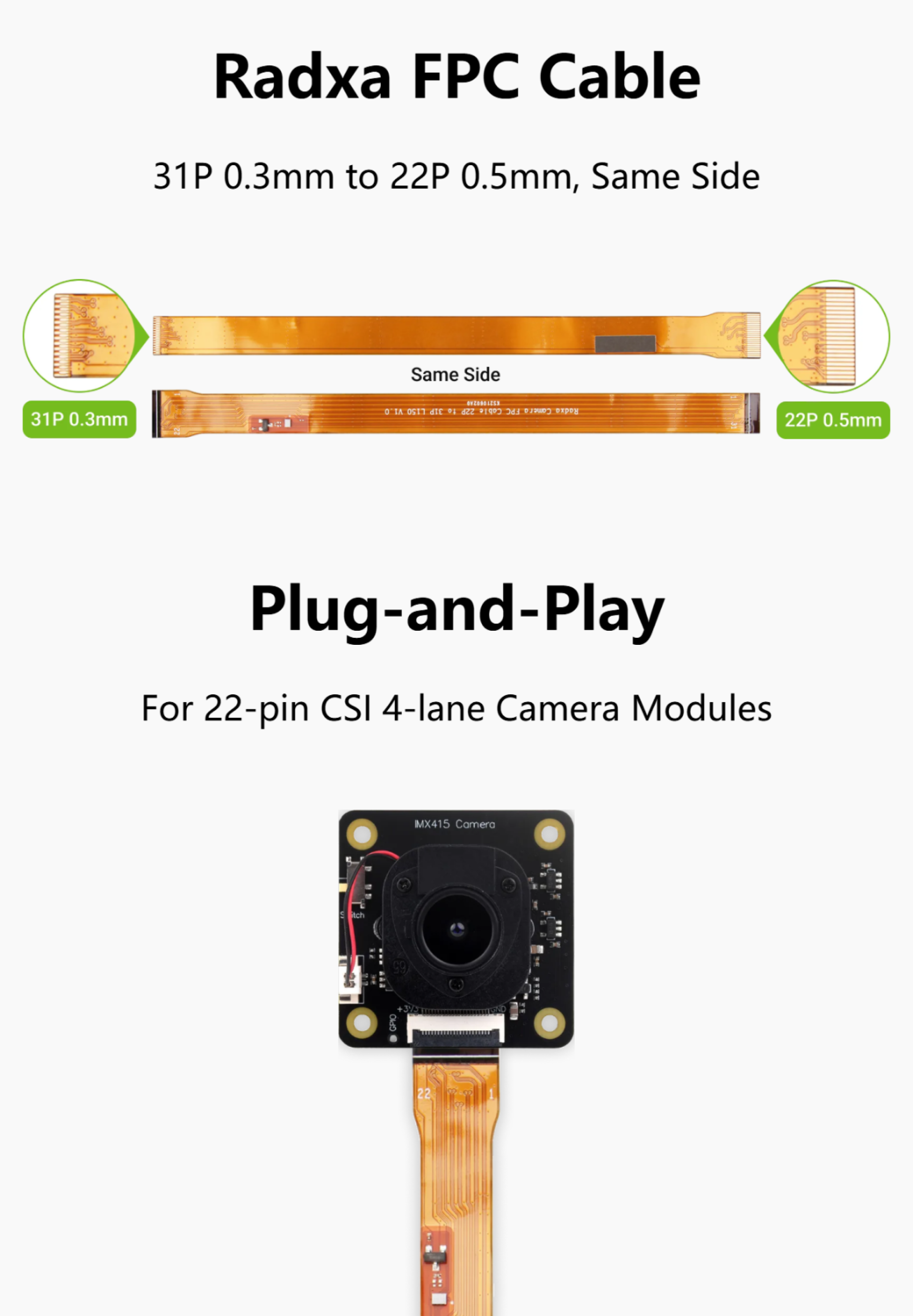 Radxa FPC AC020, 31P 0.3mm to 22P 0.5mm, Same Side,for 22-pin CSI camera module — reference image 1