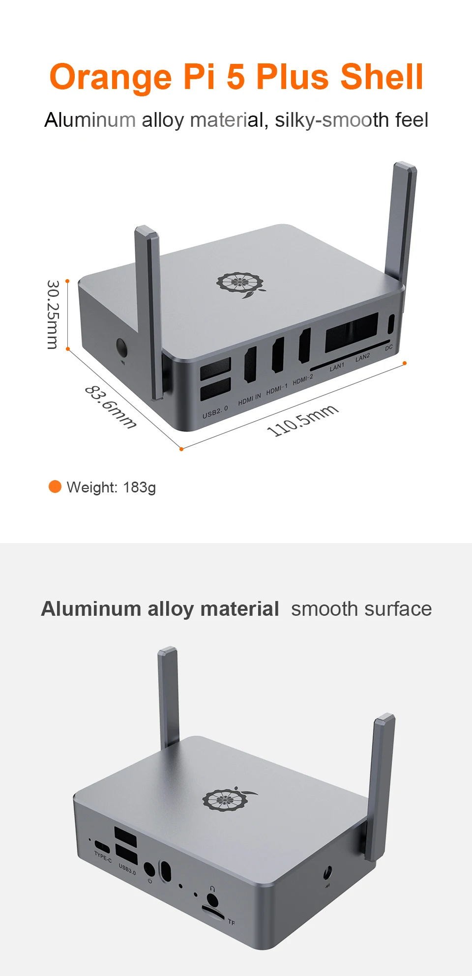 Carcasa de aluminio para Orange Pi 5 Plus, carcasa metálica, refrigeración pasiva, antenas opcionales para OPI 5 Plus. — imagen de referencia 1