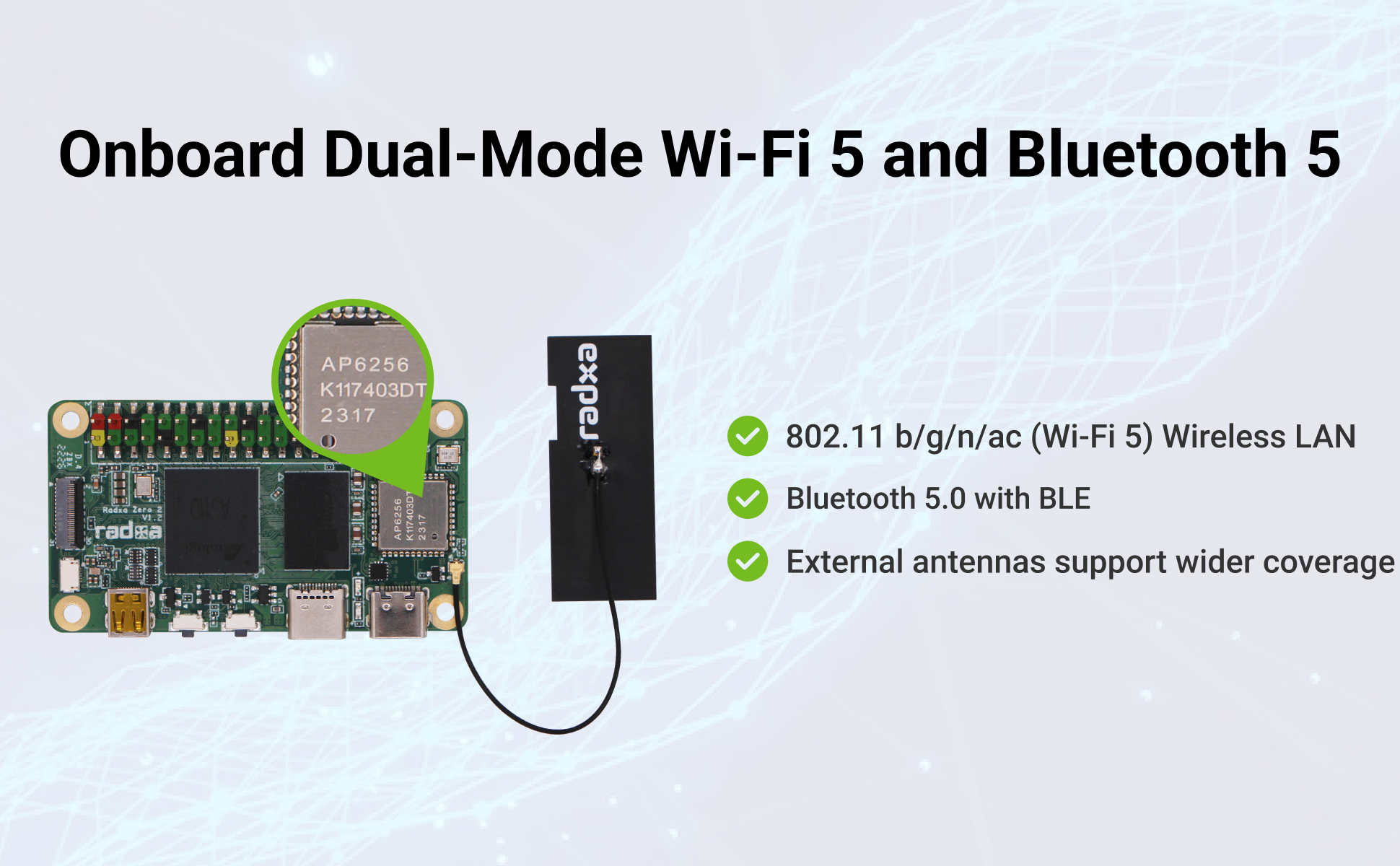 Radxa ZERO 2 Pro Amlogic A311D 6-core CPU SBC, GPU, NPU, WiFi 5 & BT 5 and Onboard eMMC, Single Board Computer — reference image 6
