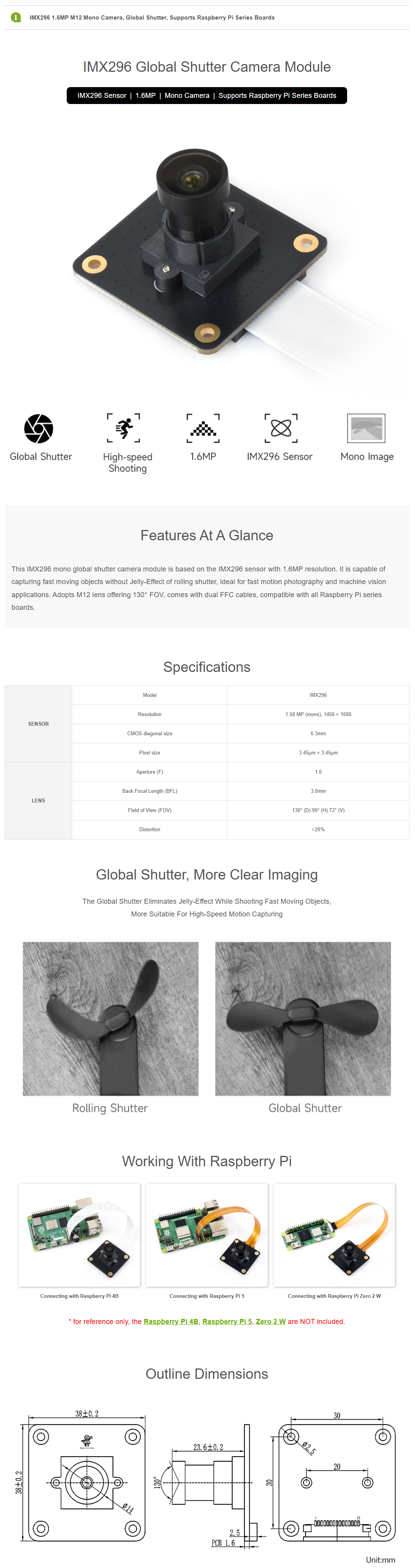 IMX296 1.6MP M12 Mono Camera, Global Shutter, Supports for Raspberry Pi 5/4B/Pi Zero — reference image 1