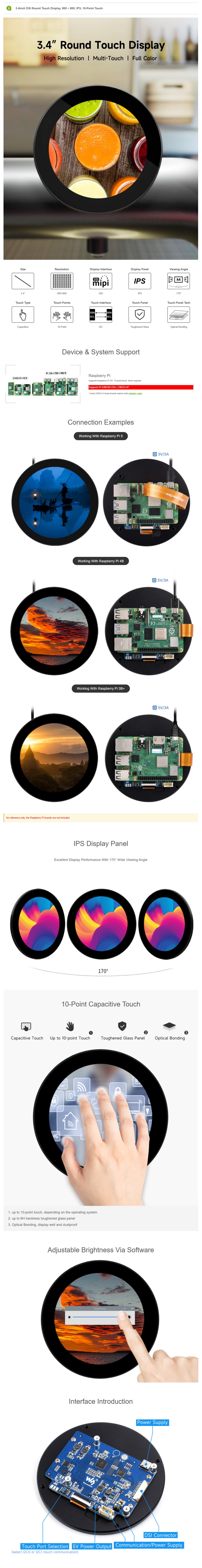3.4inch DSI Round Touch Display for Raspberry Pi 5/4B/3B+/3A+, Toughened Glass. 800×800, 170° Viewing Angle — reference image 1