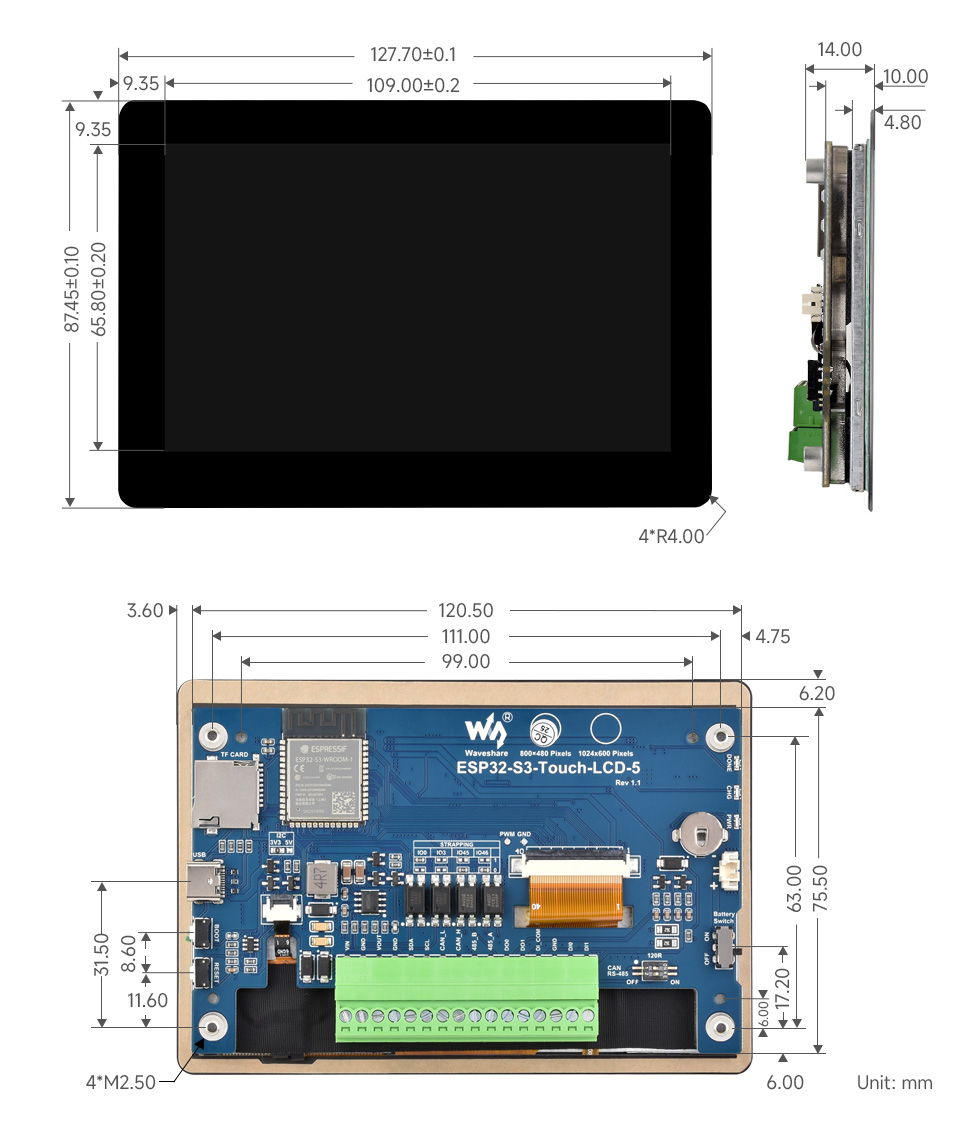 ESP32-S3 5inch Display Development Board, 32-Bit LX7 Dual-Core Processor, 800×480/1024×600 Display Resolution, Touch or No Touch — reference image 11