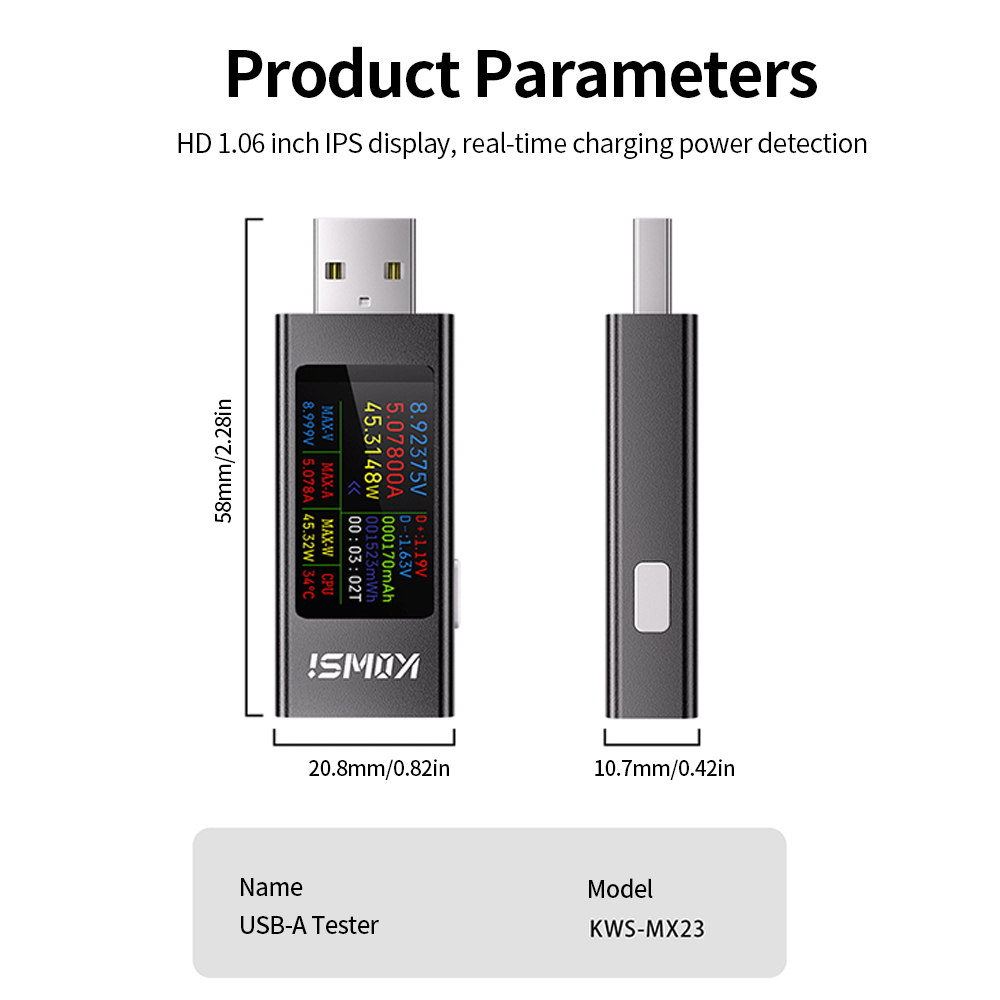KWS-MX23 HD 1.06 inch IPS Display Multi-function USB Tester Voltage Ammeter Power Meter DC 4-30V 0-8A USB Tester Multimeter — reference image 5