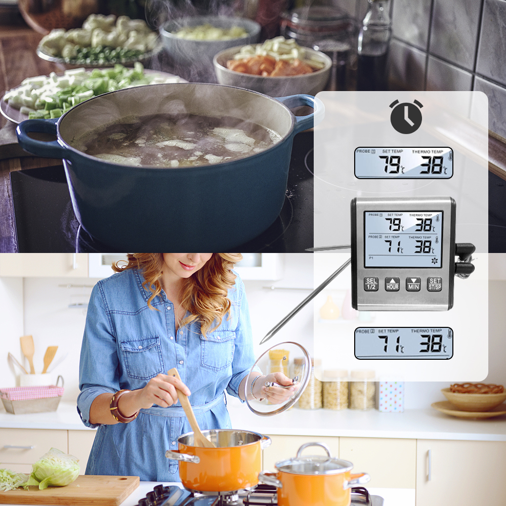 Digital Thermometer with Stainless Steel Probe Alarm Kitchen Meat Timer Temperature Meter Measurement for Oven BBQ Grill Cooking — reference image 2