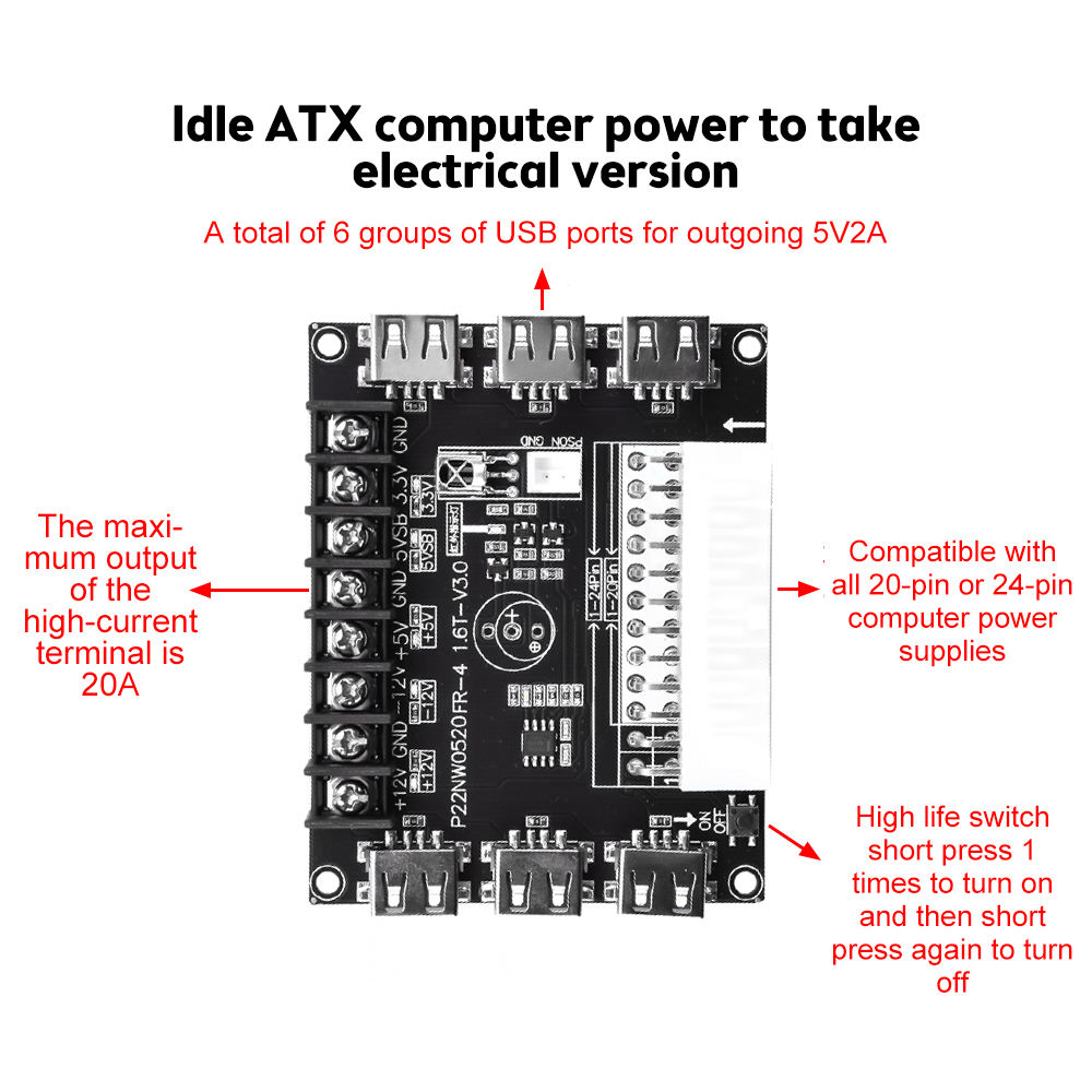 24 Pins ATX Power Supply Breakout Board and Acrylic Case Kit Module Adapter Power Connector Support 12V -12V 5V 5VSB 3.3V — reference image 4