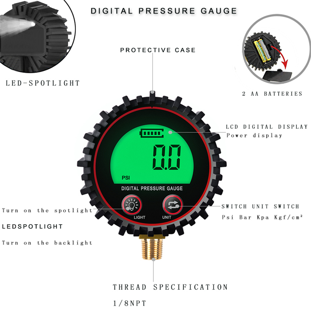 M11 1/4 1/8 Digital Car Tire Air Pressure Inflator Gauge LCD Display LED Backlight Vehicle Tester Inflation Monitoring — reference image 6