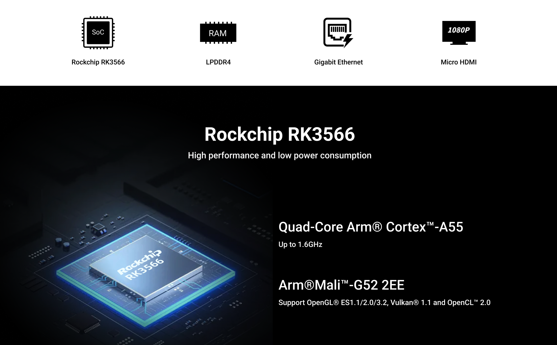 Radxa ZERO 3E RK3566 4-core CPU SBC, GPU, NPU, HDMI with 1080P Output, and Gigabit Ethernet, Single Board Computer — reference image 1