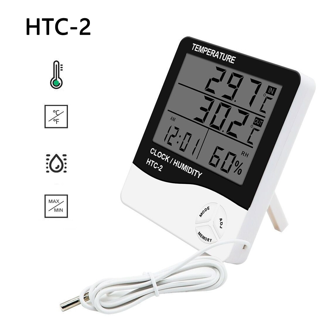 LCD Digital Temperature Humidity Meter HTC-2 Home Indoor Outdoor Hygrometer Thermometer Weather Station with Clock — reference image 2