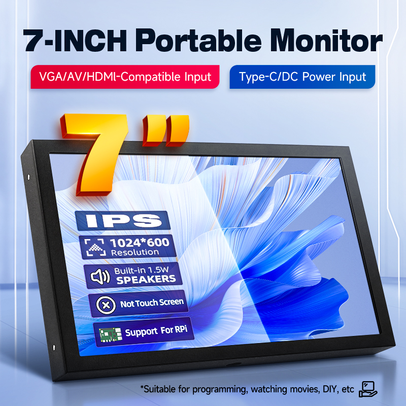 7 Inch Portable Display IPS 1024×600 LCD HDMI-compatible VGA AV Input DC Type C Power In for PC Laptop Camera TV Box DVD Screen — reference image 1