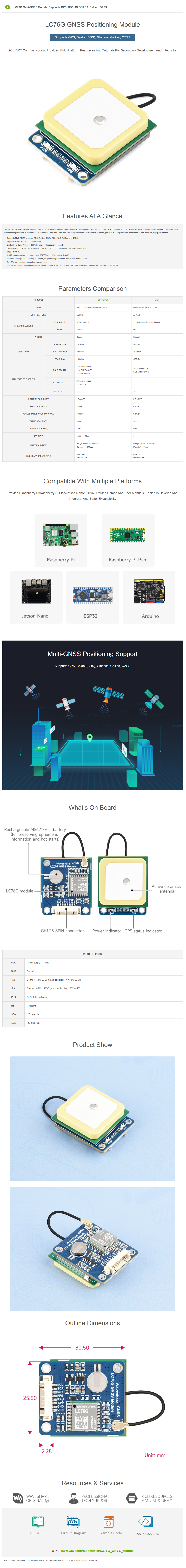 LC76G Multi-GNSS Module, Supports Multi-GNSS, I2C/UART communication, for Raspberry Pi Pico/Jetson Nano/Arduino/ESP32 — reference image 1